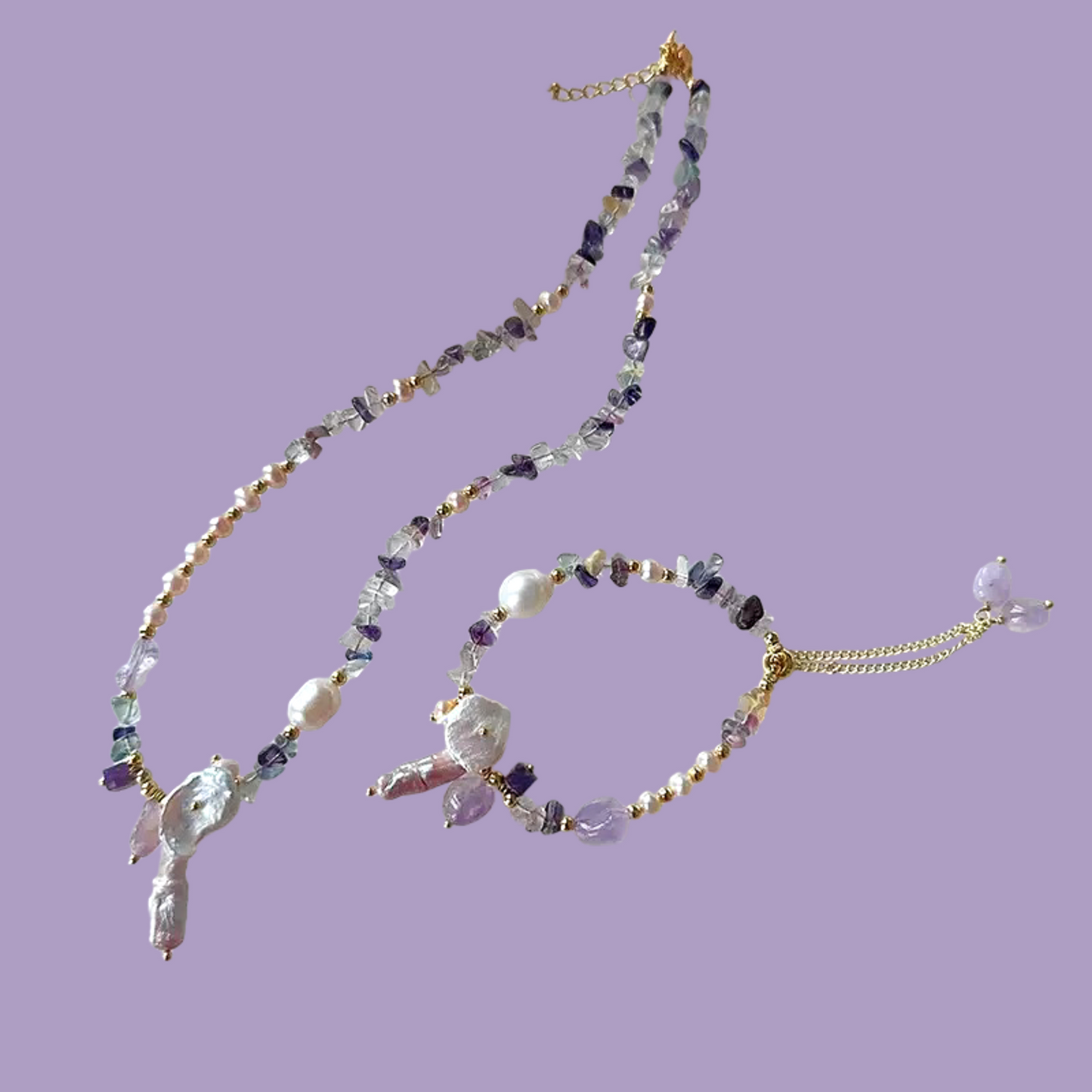 Purple Rain Natural Stone Necklace Bracelet Set